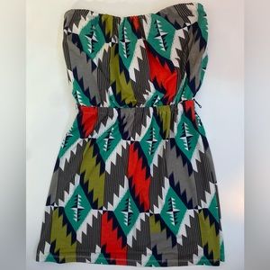 Three Pink Hearts Strapless Mini Dress Aztec Print Polyester